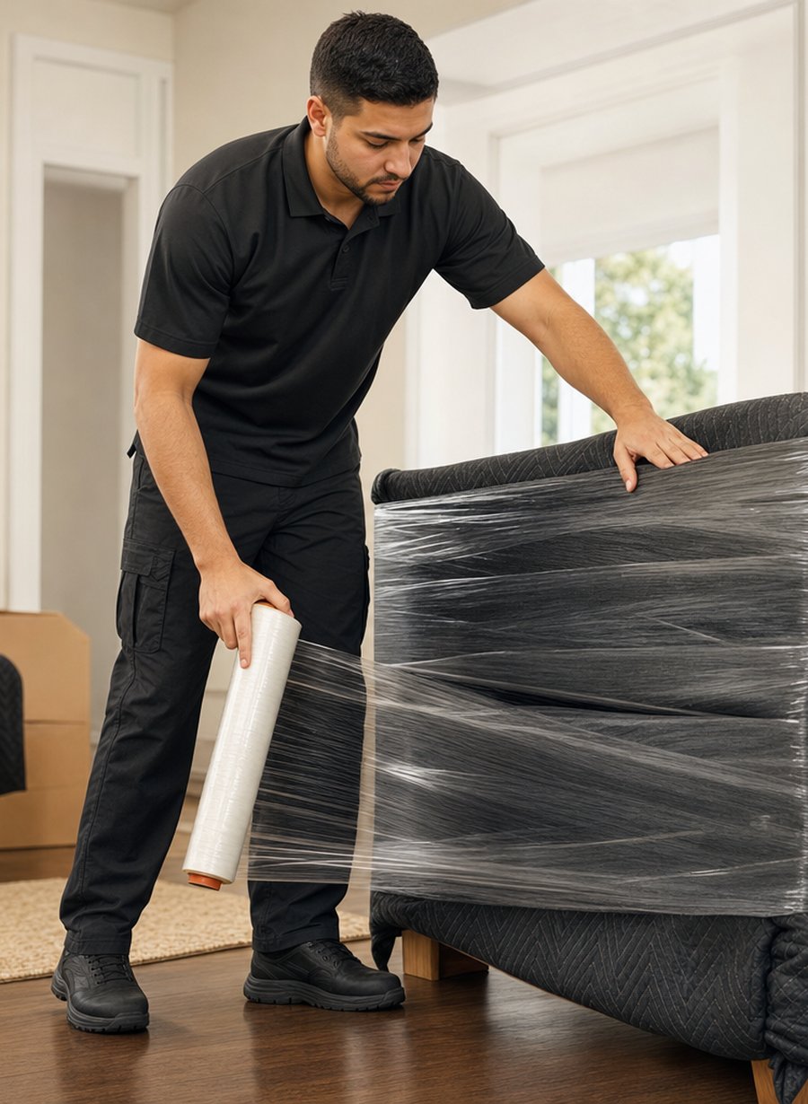 Mover shrink-wrapping a blanket-padded sofa before a San Fernando Valley move