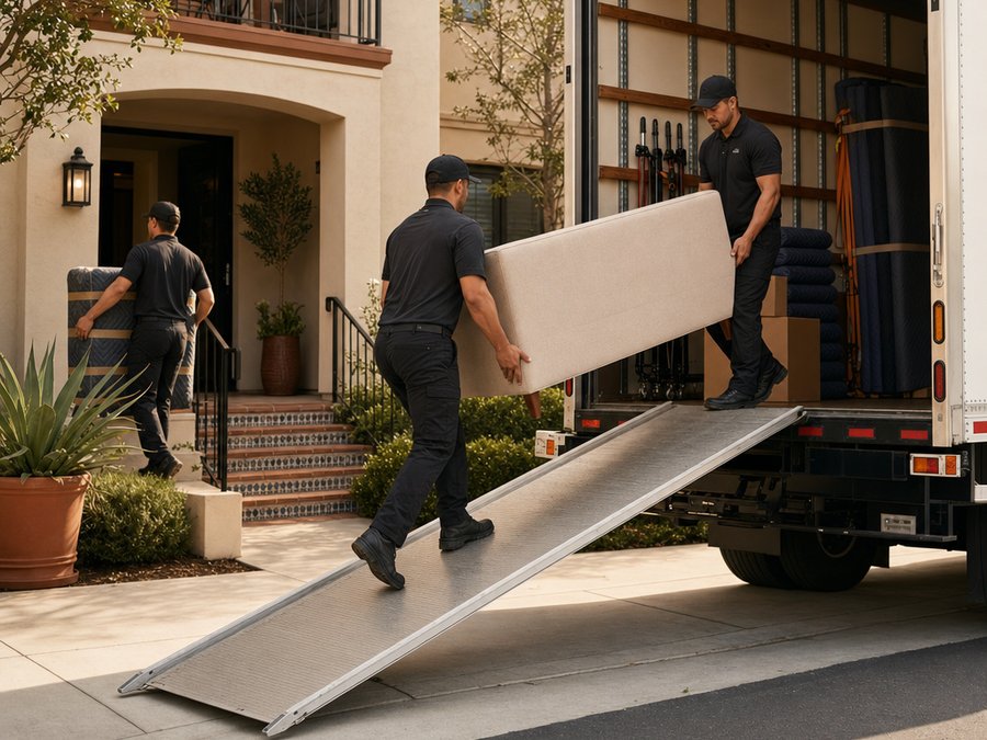 Movers carrying a sofa up a ramp into a moving truck outside a two-story home