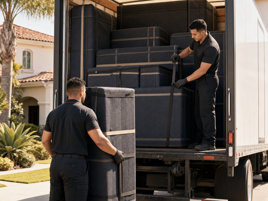 Movers loading blanket-wrapped furniture into a moving truck and strapping it in place