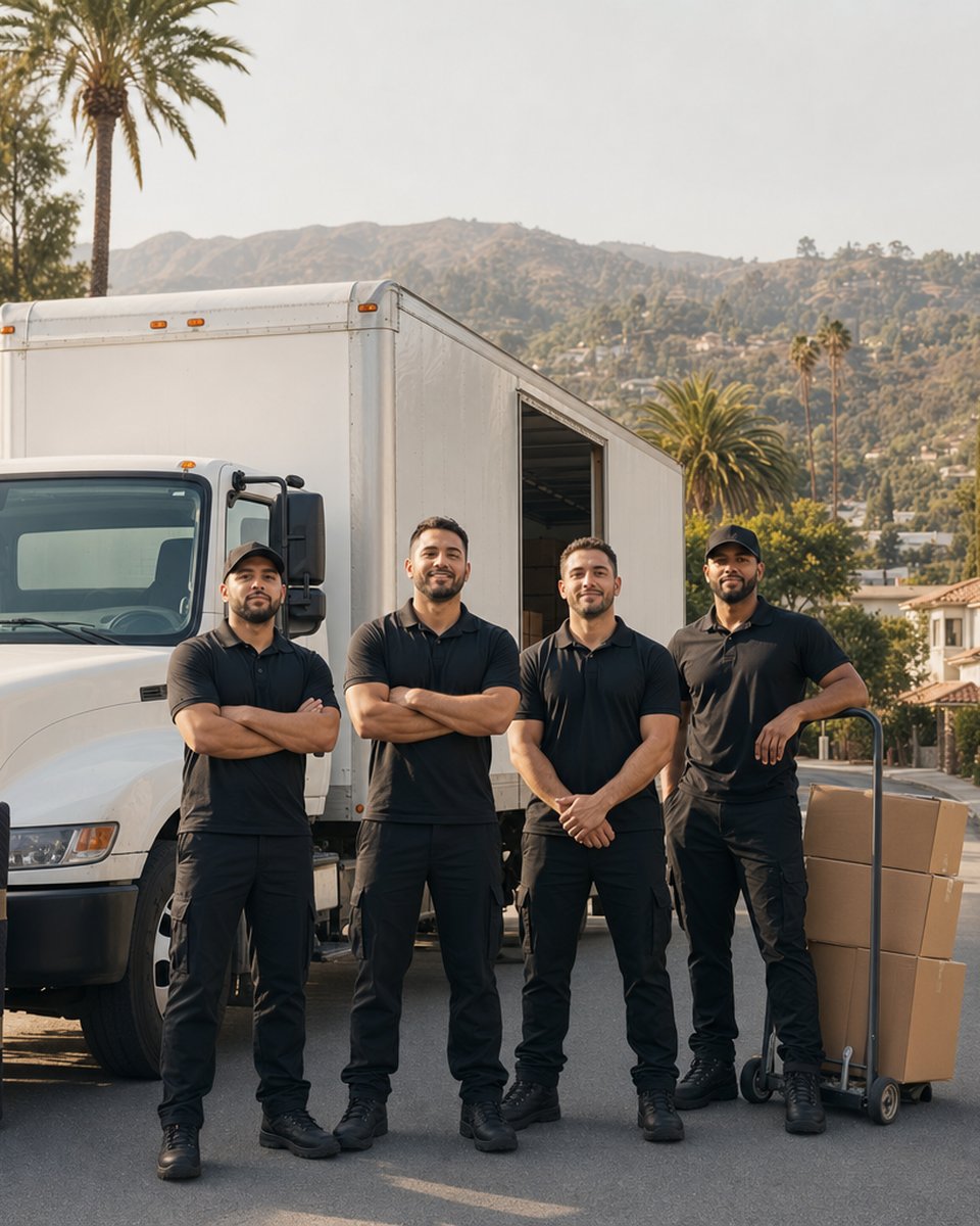 Moving crew in black uniforms standing in front of a box truck on a San Fernando Valley street